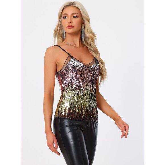 Women's Sequin Blouse Mesh Panel Sleeveless Party Clue Cami Top Multi - Picture 3 of 5